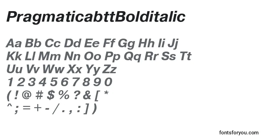 Czcionka PragmaticabttBolditalic – alfabet, cyfry, specjalne znaki