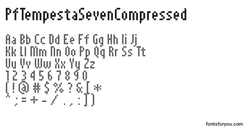 Czcionka PfTempestaSevenCompressed – alfabet, cyfry, specjalne znaki