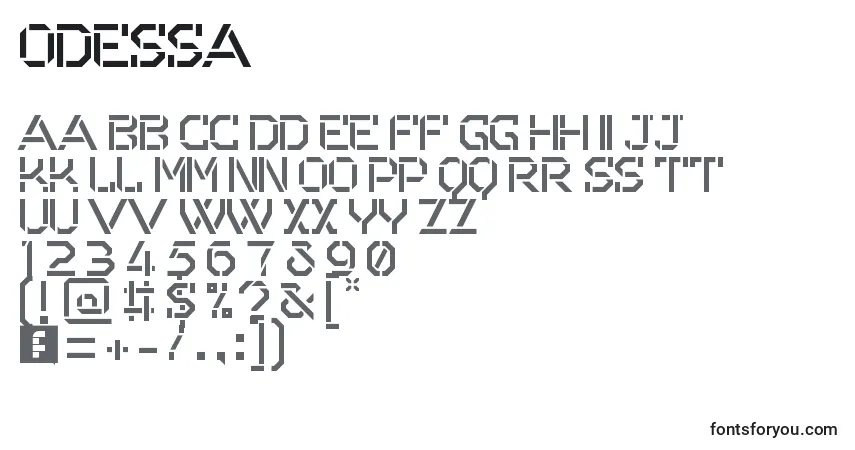 Czcionka Odessa – alfabet, cyfry, specjalne znaki