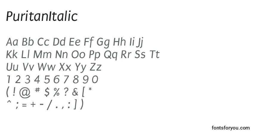 Шрифт PuritanItalic – алфавит, цифры, специальные символы