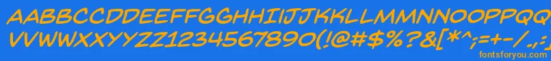 フォントBackissuesbbItal – オレンジ色の文字が青い背景にあります。