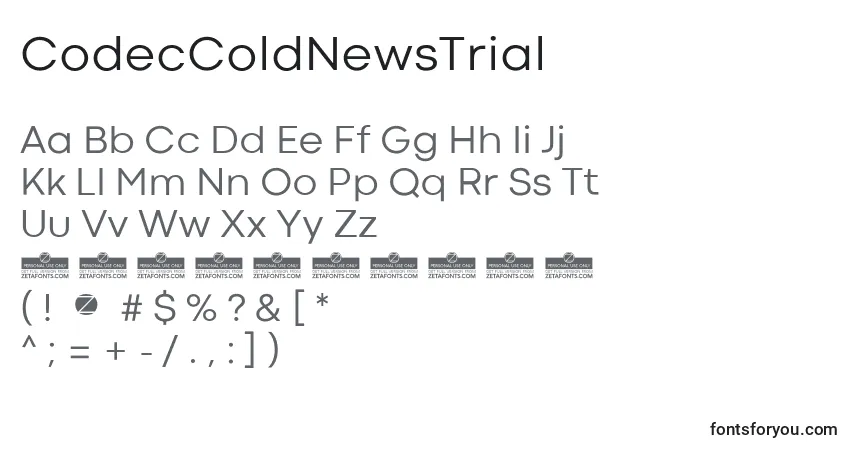 Czcionka CodecColdNewsTrial – alfabet, cyfry, specjalne znaki