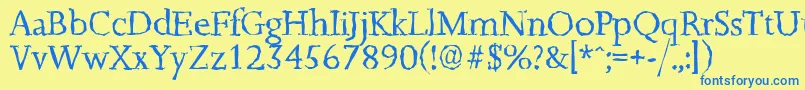 フォントJessicarandomRegular – 青い文字が黄色の背景にあります。