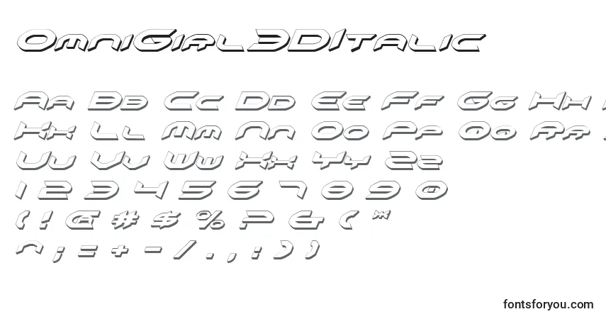 A fonte OmniGirl3DItalic – alfabeto, números, caracteres especiais