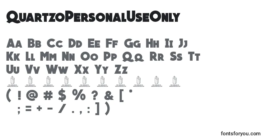 Schriftart QuartzoPersonalUseOnly – Alphabet, Zahlen, spezielle Symbole