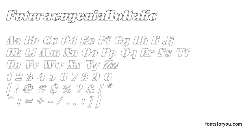 Czcionka FuturaeugeniaHoItalic – alfabet, cyfry, specjalne znaki