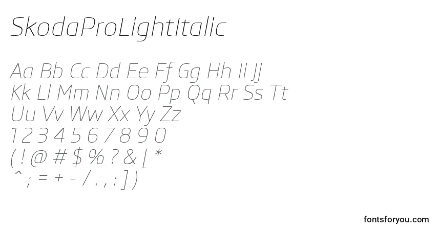 A fonte SkodaProLightItalic – alfabeto, números, caracteres especiais