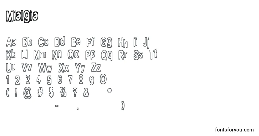 Schriftart Mialgia – Alphabet, Zahlen, spezielle Symbole