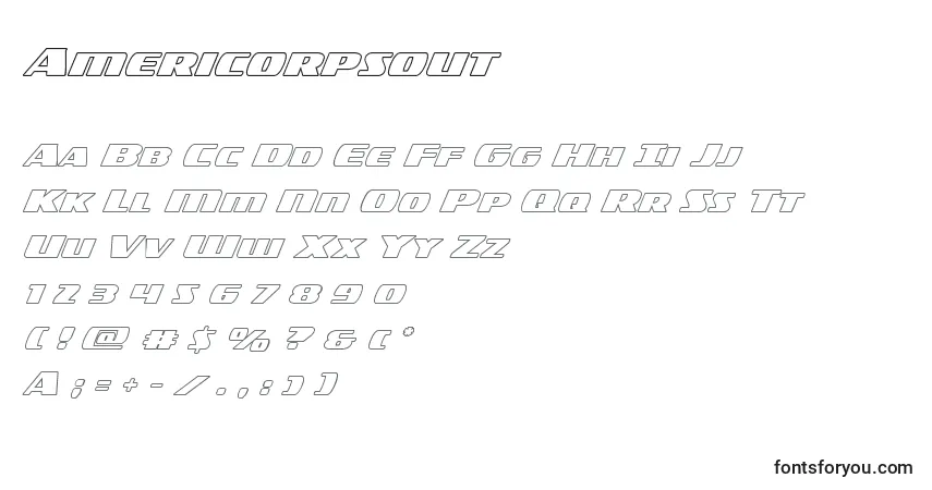 Schriftart Americorpsout – Alphabet, Zahlen, spezielle Symbole