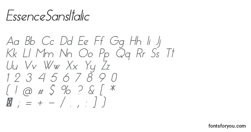 A fonte EssenceSansItalic – alfabeto, números, caracteres especiais