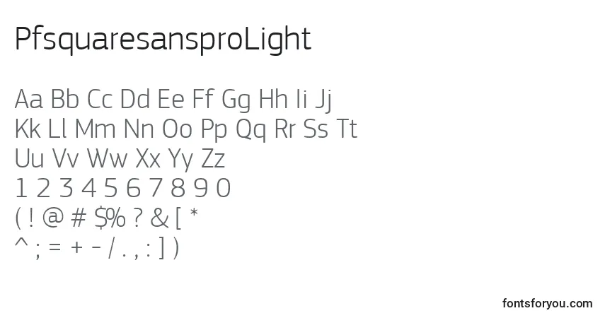 A fonte PfsquaresansproLight – alfabeto, números, caracteres especiais