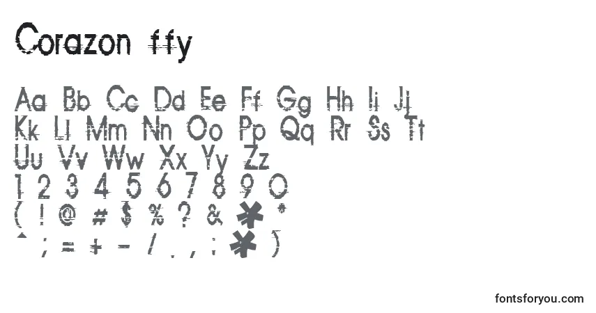 Czcionka Corazon ffy – alfabet, cyfry, specjalne znaki