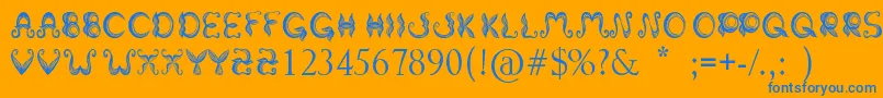 Weitere Informationen zur StrokeMustache-Schriftart StrokeMustache-Schriftart – Blaue Schriften auf orangefarbenem Hintergrund