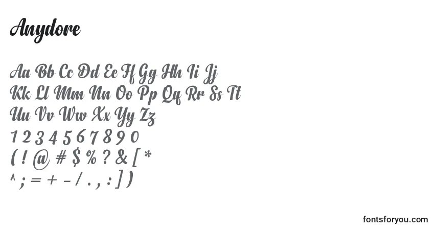 Czcionka Anydore – alfabet, cyfry, specjalne znaki