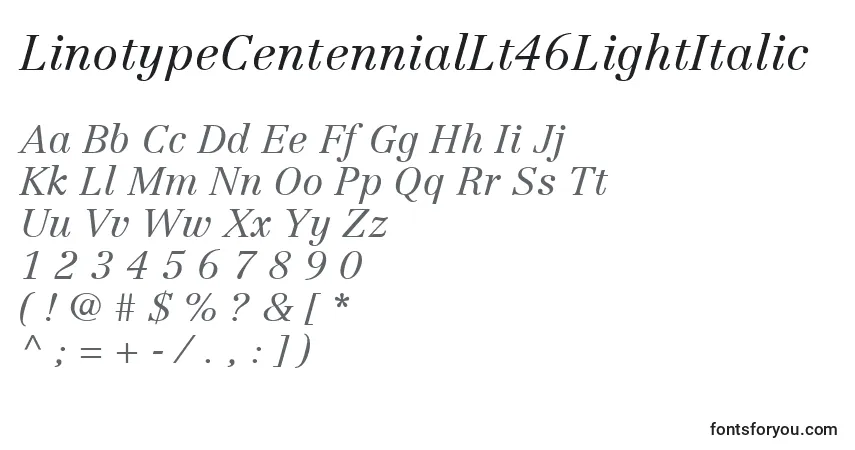 Шрифт LinotypeCentennialLt46LightItalic – алфавит, цифры, специальные символы