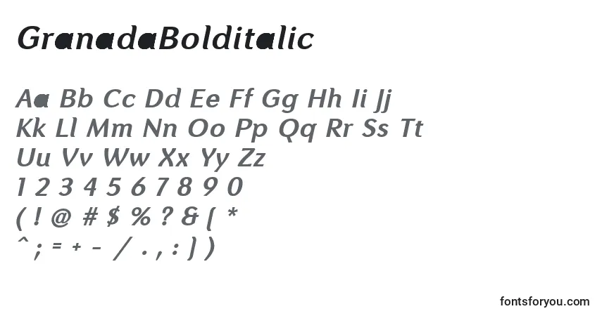 Czcionka GranadaBolditalic – alfabet, cyfry, specjalne znaki