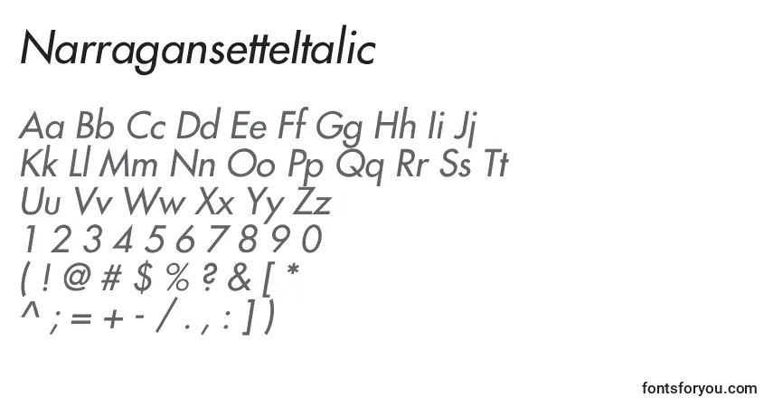 Czcionka NarragansetteItalic – alfabet, cyfry, specjalne znaki