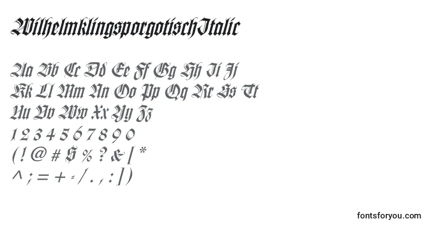 A fonte WilhelmklingsporgotischItalic – alfabeto, números, caracteres especiais