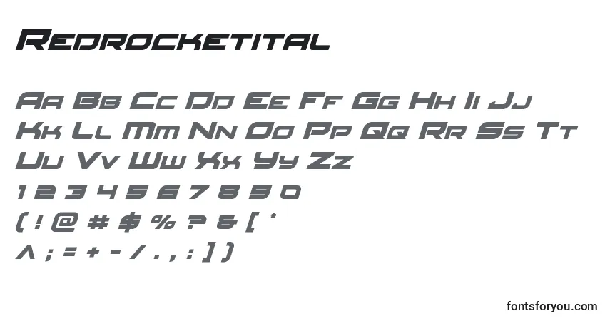 Czcionka Redrocketital – alfabet, cyfry, specjalne znaki