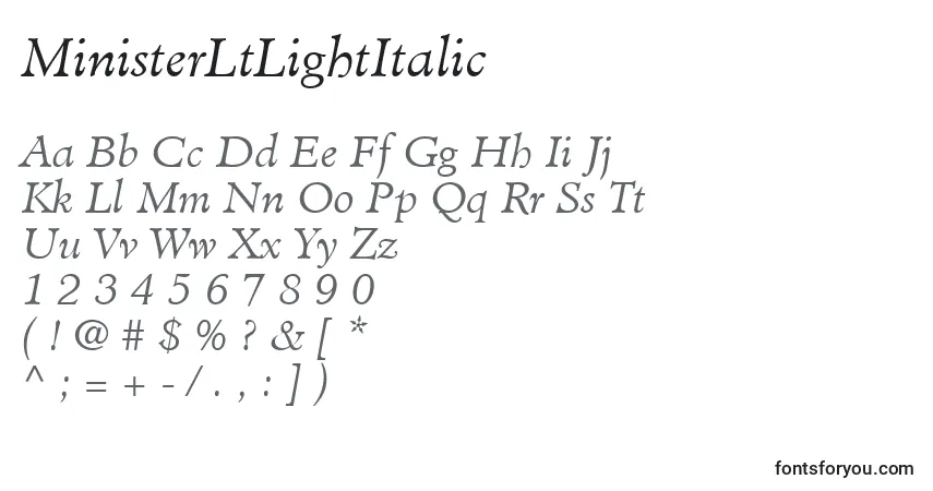 A fonte MinisterLtLightItalic – alfabeto, números, caracteres especiais