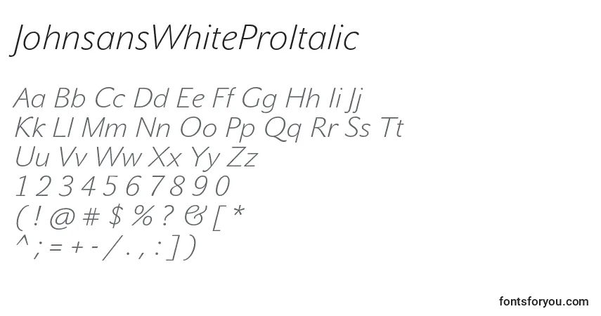 Шрифт JohnsansWhiteProItalic – алфавит, цифры, специальные символы