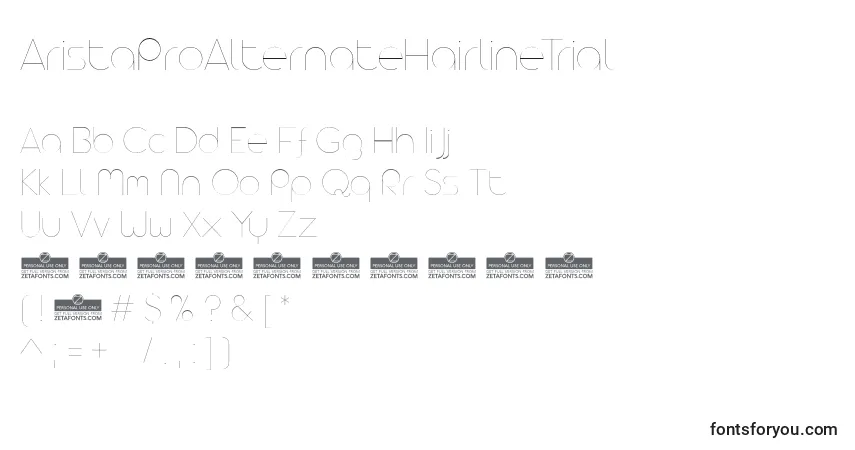 Czcionka AristaProAlternateHairlineTrial – alfabet, cyfry, specjalne znaki