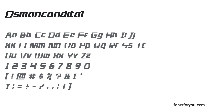 Czcionka Dsmancondital – alfabet, cyfry, specjalne znaki