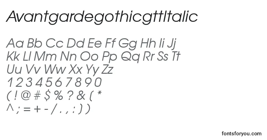 Czcionka AvantgardegothicgttItalic – alfabet, cyfry, specjalne znaki