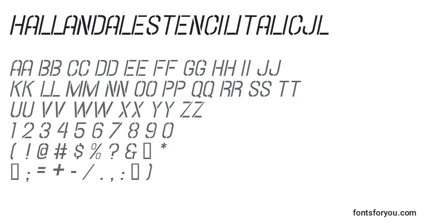 Шрифт HallandaleStencilItalicJl – алфавит, цифры, специальные символы
