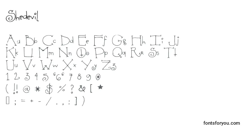Czcionka Shedevil – alfabet, cyfry, specjalne znaki