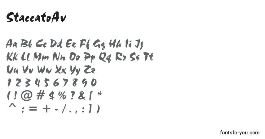 Czcionka StaccatoAv – alfabet, cyfry, specjalne znaki