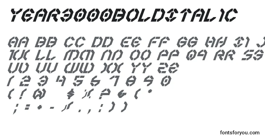 Schriftart Year3000boldItalic – Alphabet, Zahlen, spezielle Symbole
