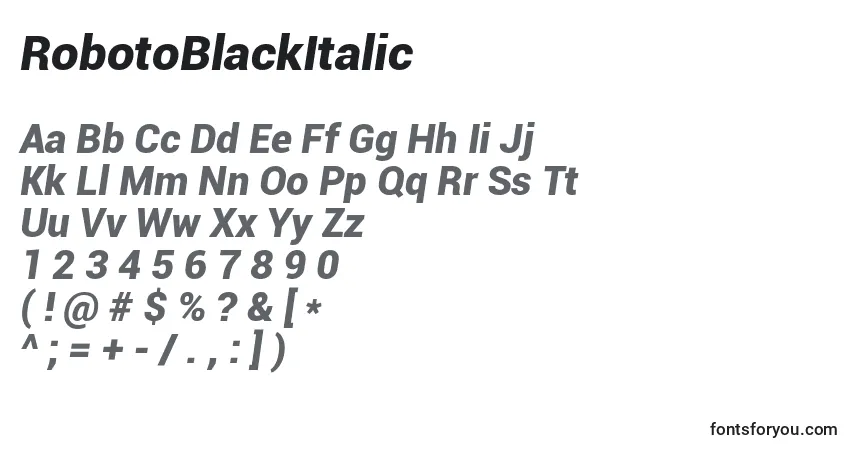 A fonte RobotoBlackItalic – alfabeto, números, caracteres especiais