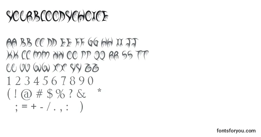 Fuente YourBloodyChoice - alfabeto, números, caracteres especiales