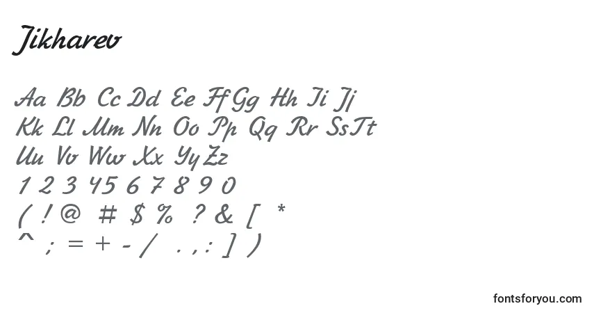 A fonte Jikharev – alfabeto, números, caracteres especiais