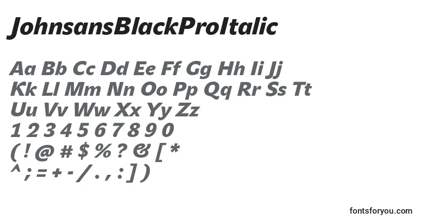 Czcionka JohnsansBlackProItalic – alfabet, cyfry, specjalne znaki