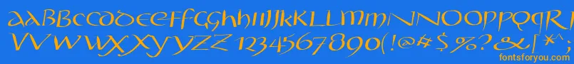 フォントStyloscapitalead100 – オレンジ色の文字が青い背景にあります。