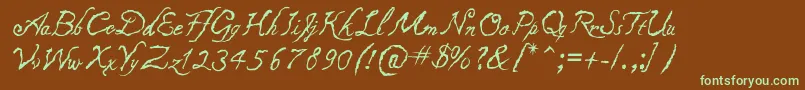 フォントCaligraf1435 – 緑色の文字が茶色の背景にあります。