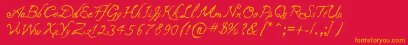 Caligraf1435-fontti – oranssit fontit punaisella taustalla