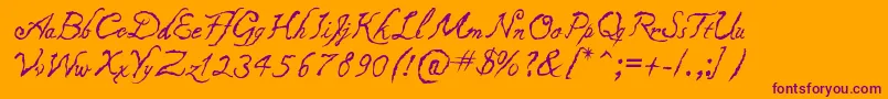 Caligraf1435-fontti – violetit fontit oranssilla taustalla
