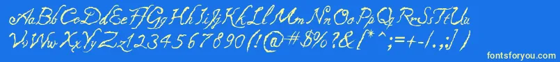 Caligraf1435-fontti – keltaiset fontit sinisellä taustalla