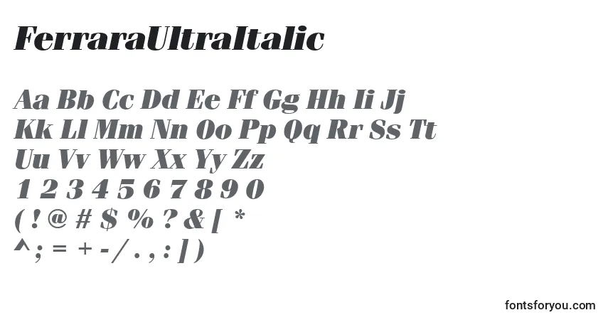 Шрифт FerraraUltraItalic – алфавит, цифры, специальные символы