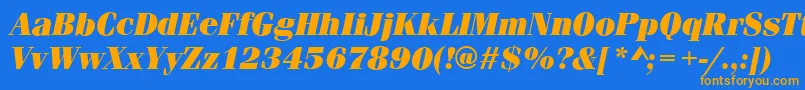 フォントFerraraUltraItalic – オレンジ色の文字が青い背景にあります。