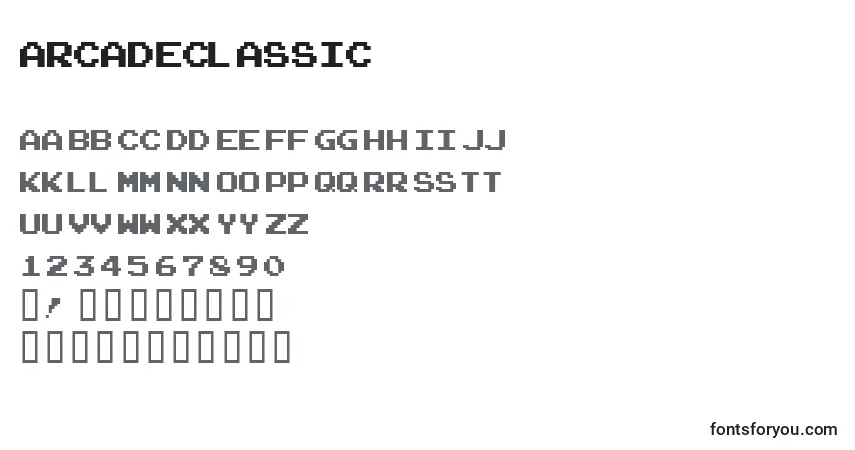 Schriftart Arcadeclassic – Alphabet, Zahlen, spezielle Symbole