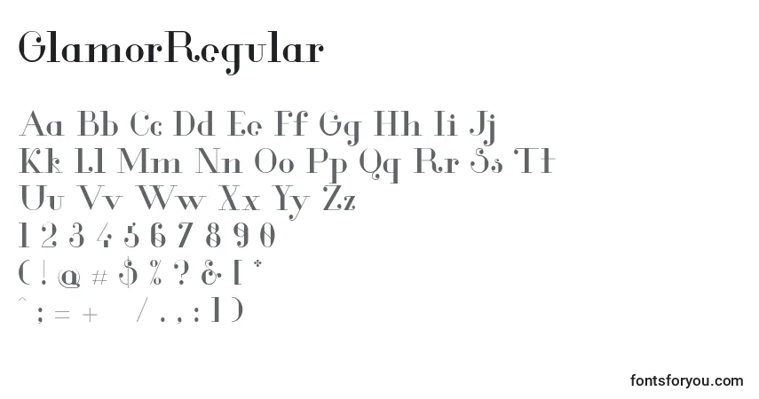 A fonte GlamorRegular (111595) – alfabeto, números, caracteres especiais