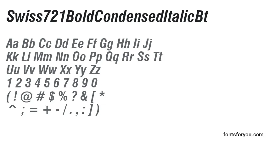 Шрифт Swiss721BoldCondensedItalicBt – алфавит, цифры, специальные символы