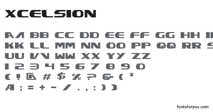 Czcionka Xcelsion – alfabet, cyfry, specjalne znaki