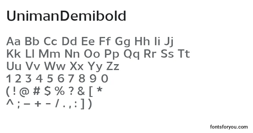Шрифт UnimanDemibold – алфавит, цифры, специальные символы