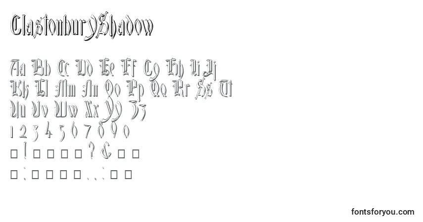 Czcionka GlastonburyShadow – alfabet, cyfry, specjalne znaki