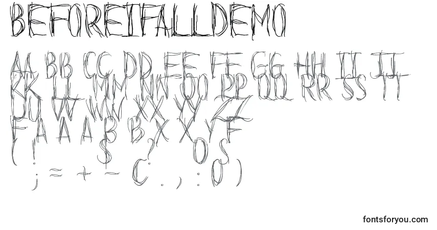 Шрифт BeforeIFallDemo – алфавит, цифры, специальные символы